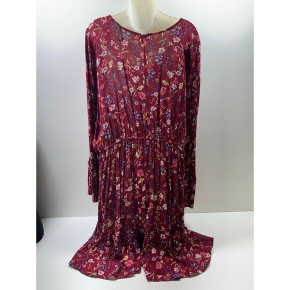 Gigi’s Plus Women’s Dress Burgundy Floral Long Sleeve Ruffle Hem Boho Sz 1X - Picture 3 of 9
